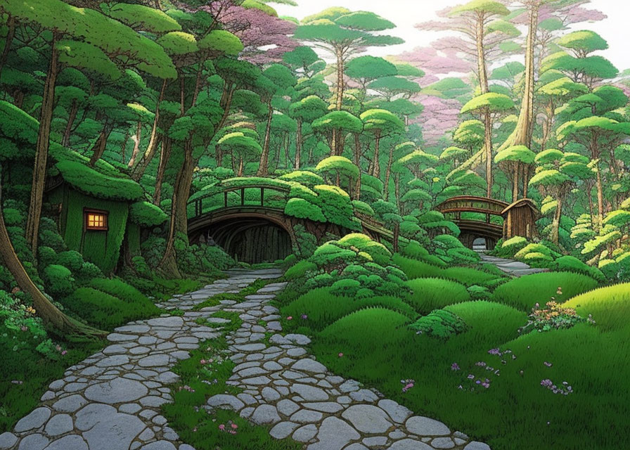 Tranquil forest scene with cobblestone paths and wooden bridges