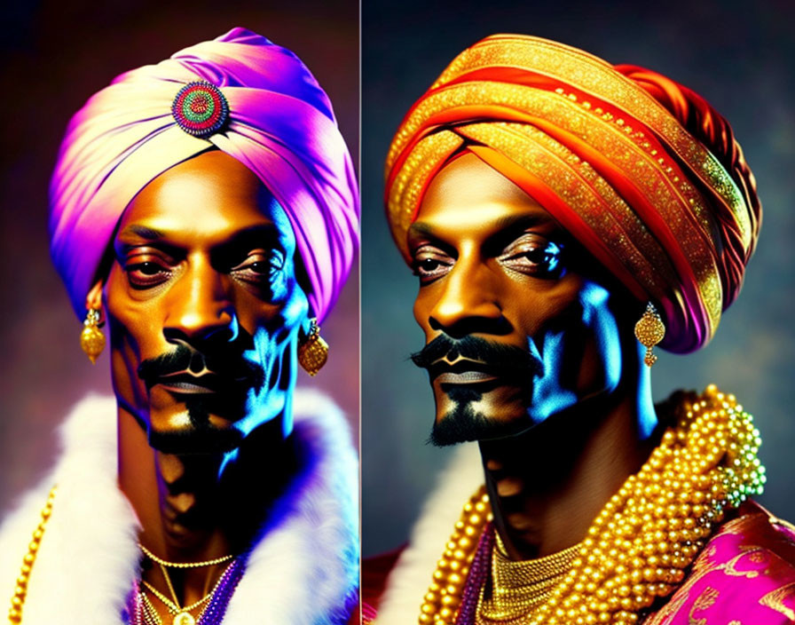 Stylized portraits of man with mustache in vibrant turbans and robes