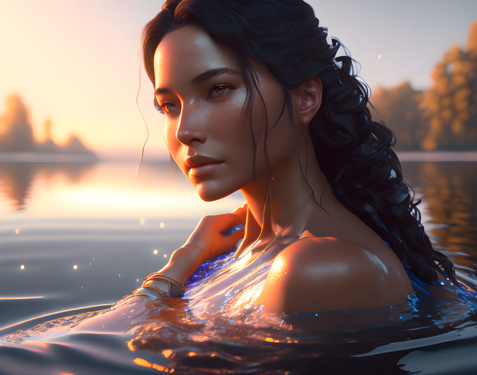 Woman with Damp Hair Emerging from Water at Sunset: Digital Artwork