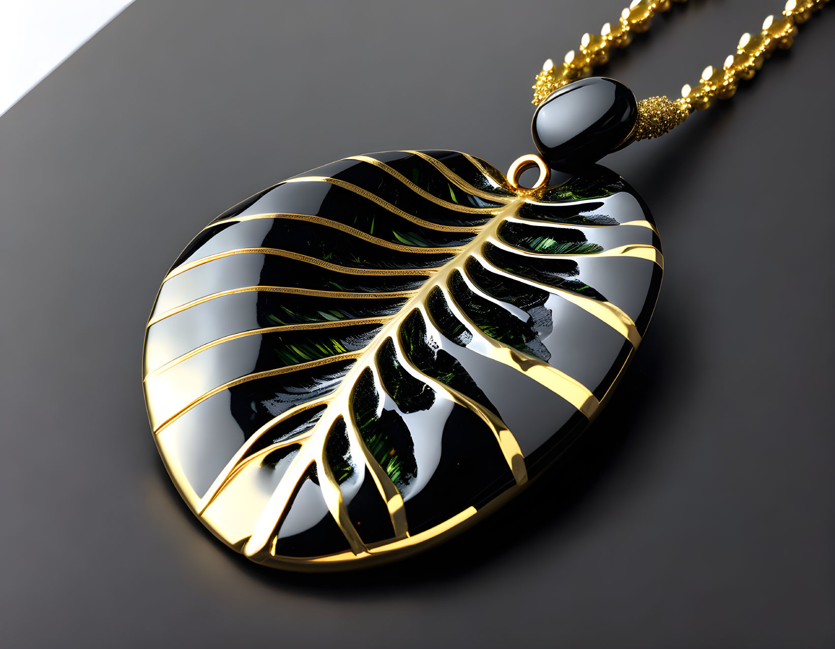 Luxurious Gold and Black Leaf Pendant on Golden Chain