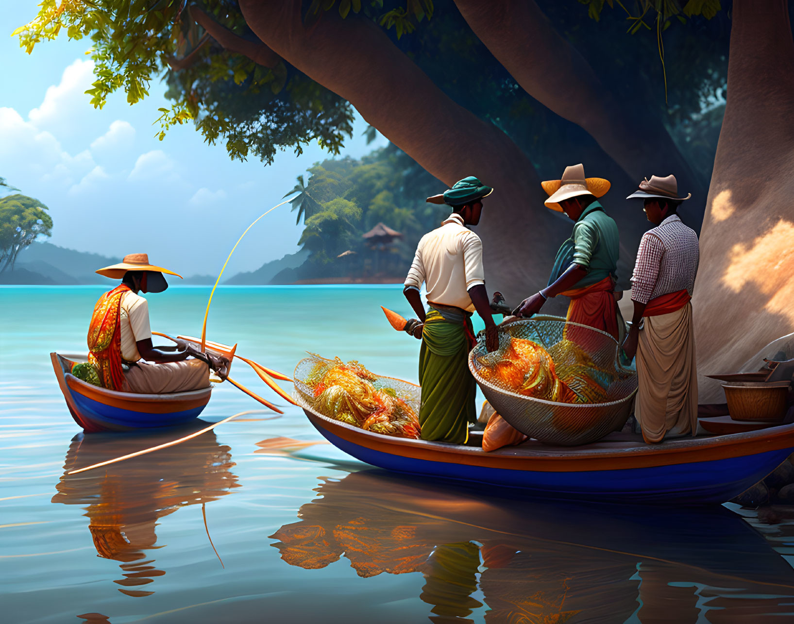 Traditional fishermen exchanging catch near lush tropical shore and serene blue river