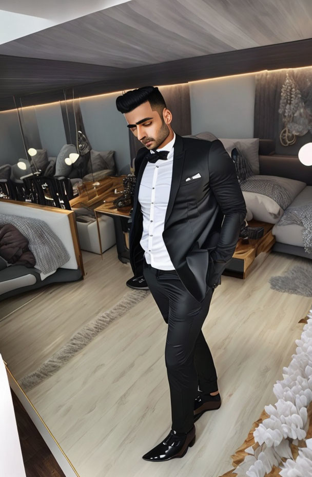 Stylish man in black tuxedo and bow tie in modern bedroom