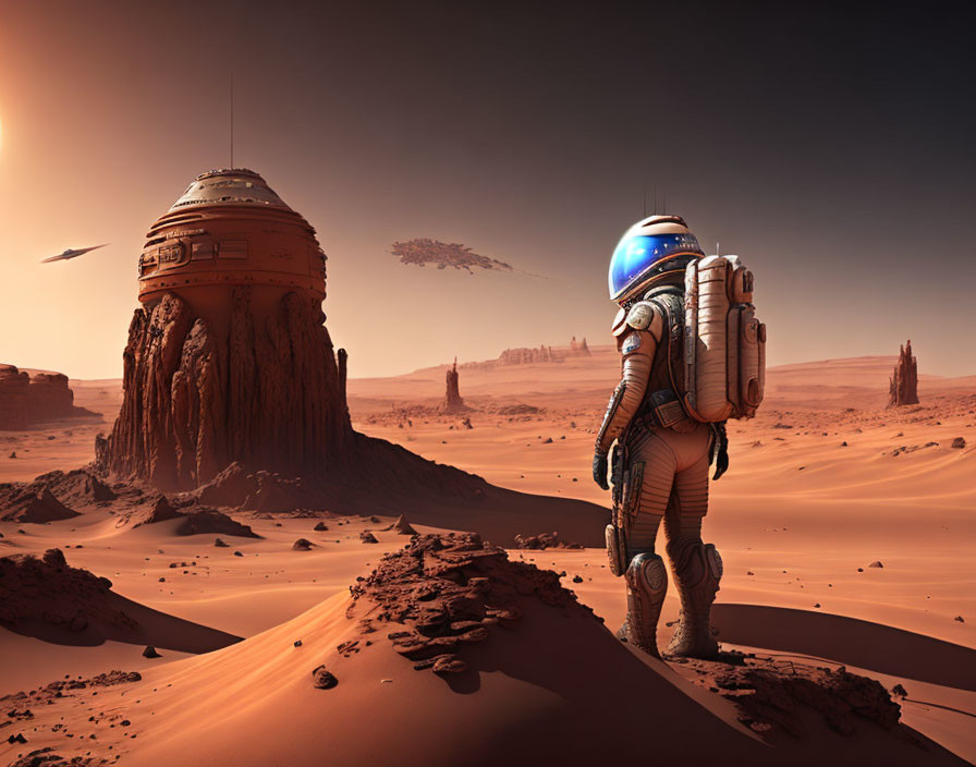 Astronaut in spacesuit on Mars-like desert landscape with futuristic structure and spaceship.