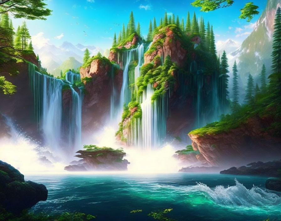 Surreal landscape: waterfalls, lake, forest, cliffs, sky