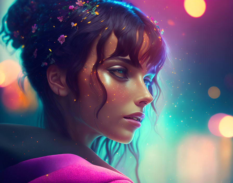 Portrait of woman with glowing skin and flowers in hair, set against colorful bokeh lights