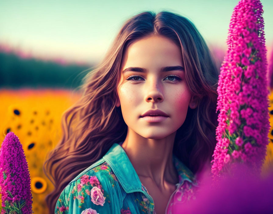 Young woman surrounded by vibrant flowers and sunflower field.