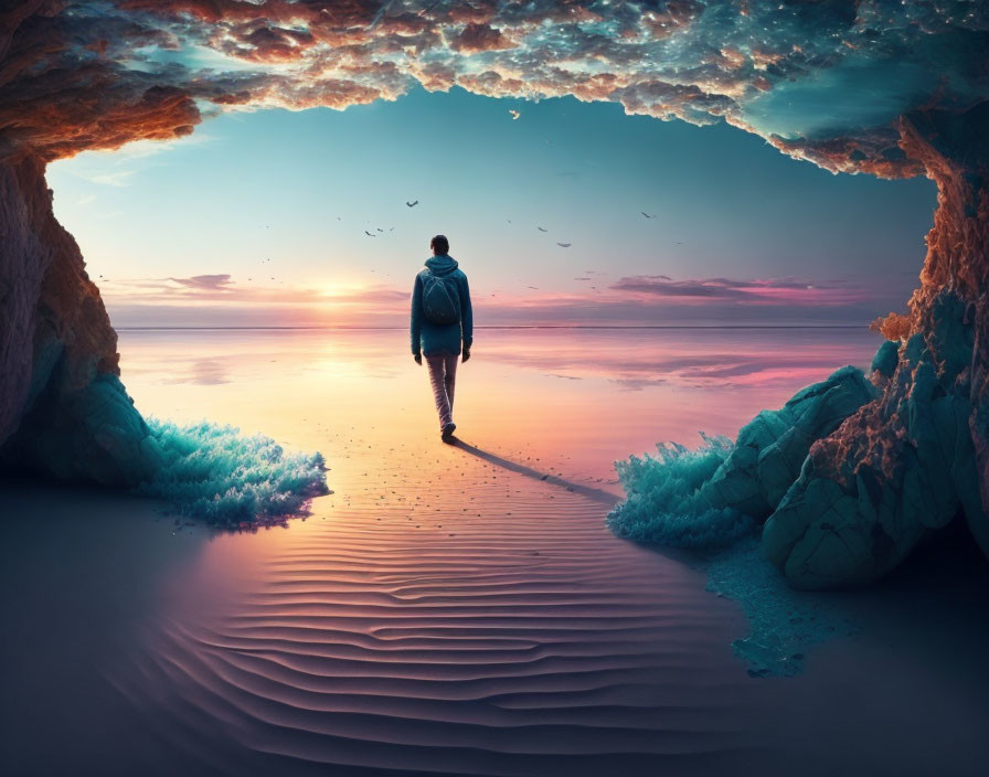 Person walking to vibrant ocean sunset from cave with textured sand and rock formations