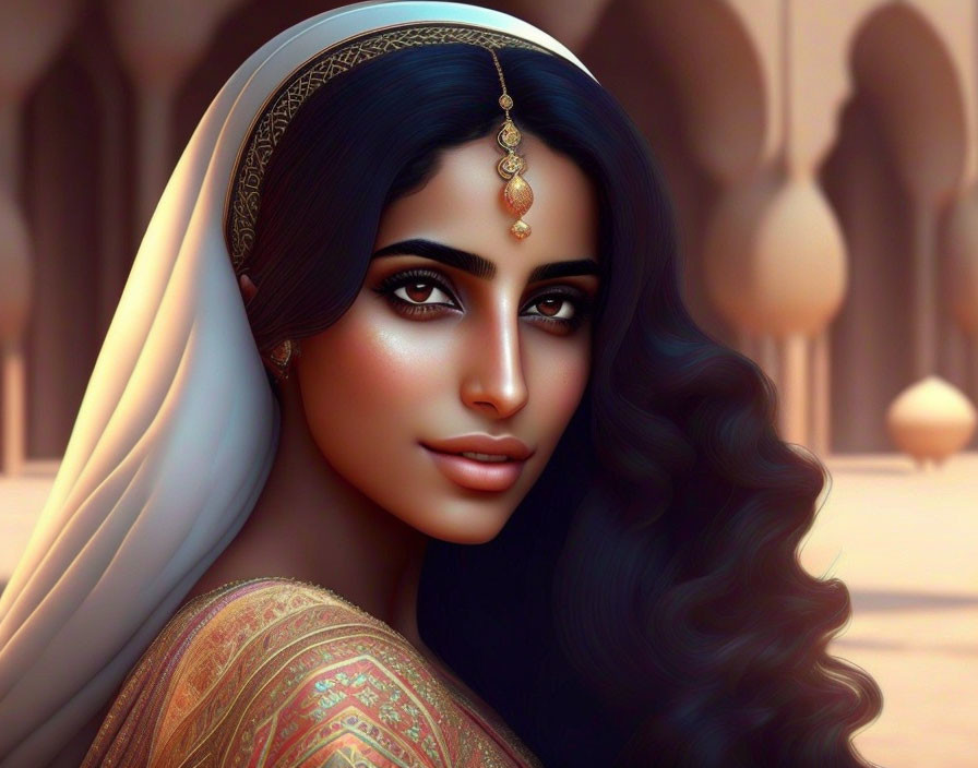 Detailed Digital Portrait of Woman in South Asian Attire & Maang Tikka