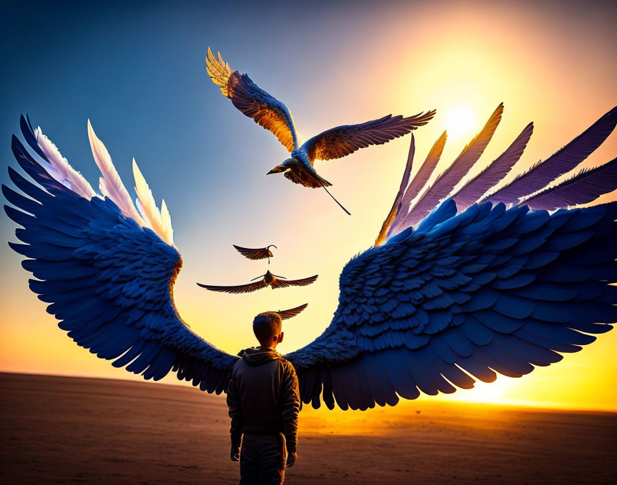 Child with colorful wings standing at sunset with flying birds