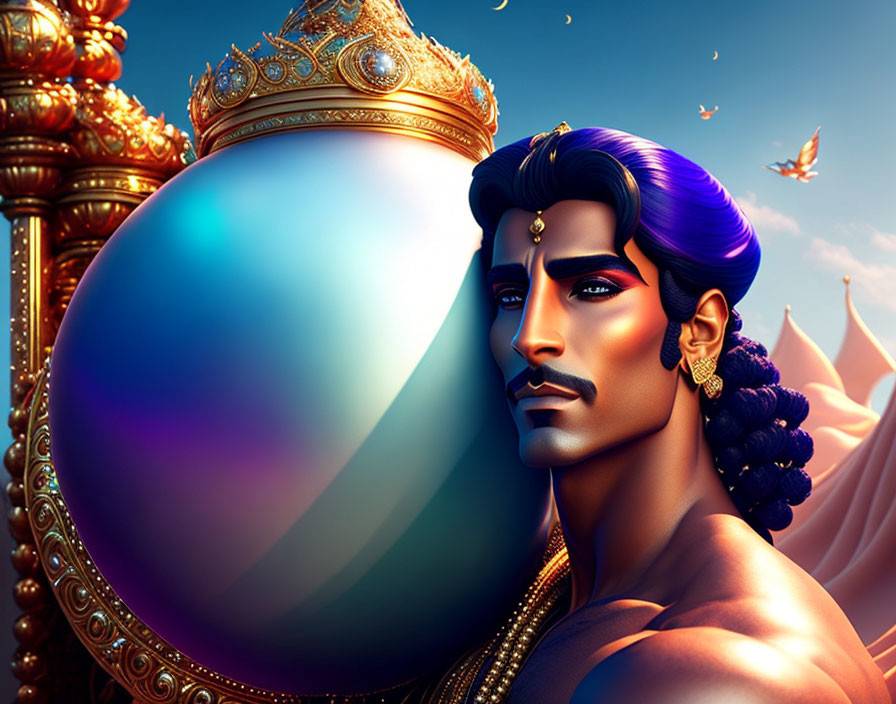 Stylized digital illustration of man with blue hair holding magical orb in royal attire against ornate temple