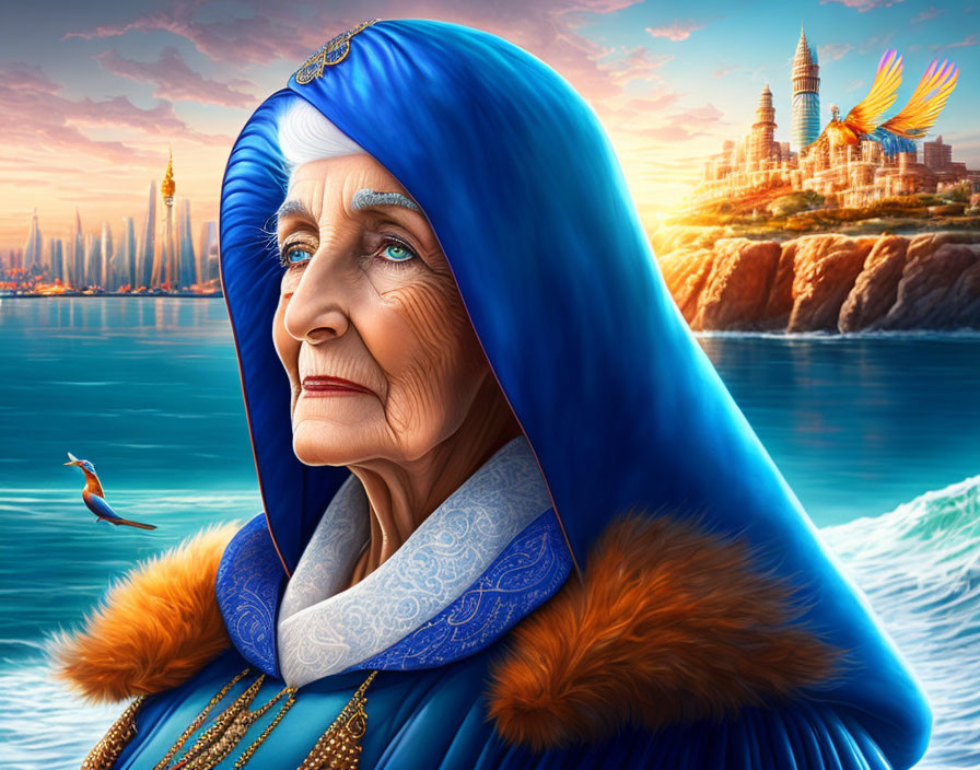 Elderly woman in blue headscarf gazes at coastal city skyline with flying bird