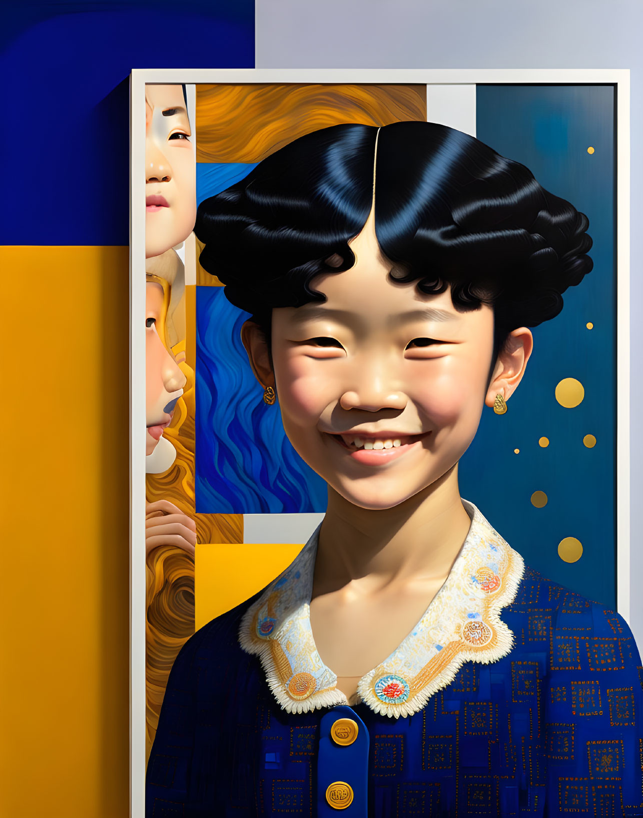 Colorful digital artwork of a smiling child with intricate hairstyle in blue outfit against abstract geometric background