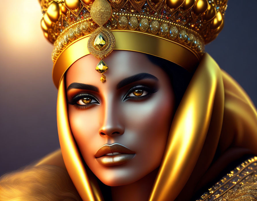 Digital art portrait of woman with golden crown, detailed makeup, and striking gaze on warm backdrop