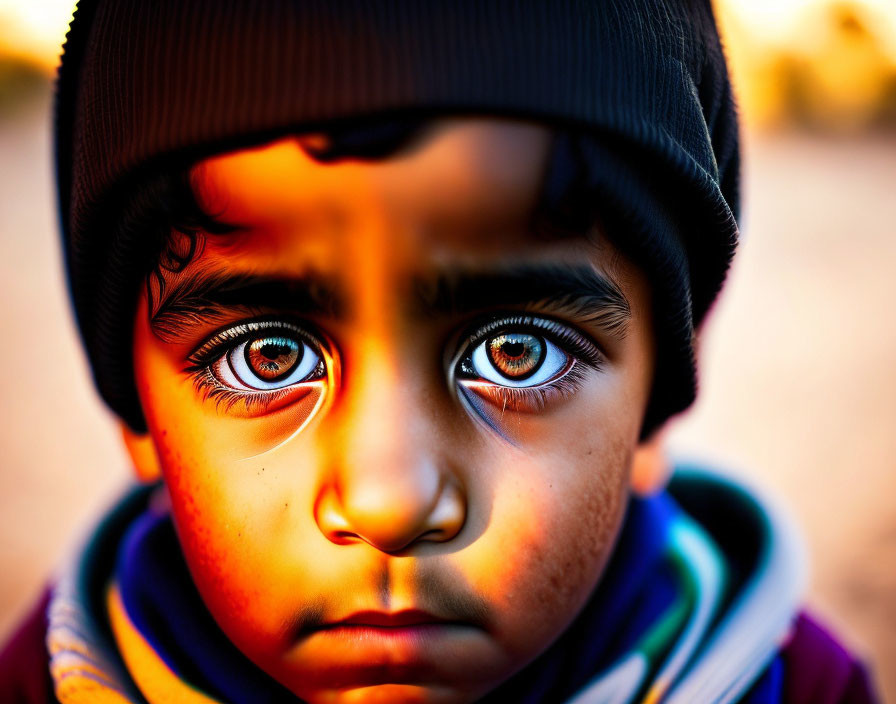 Young child with striking eyes in beanie and scarf under golden sunlight