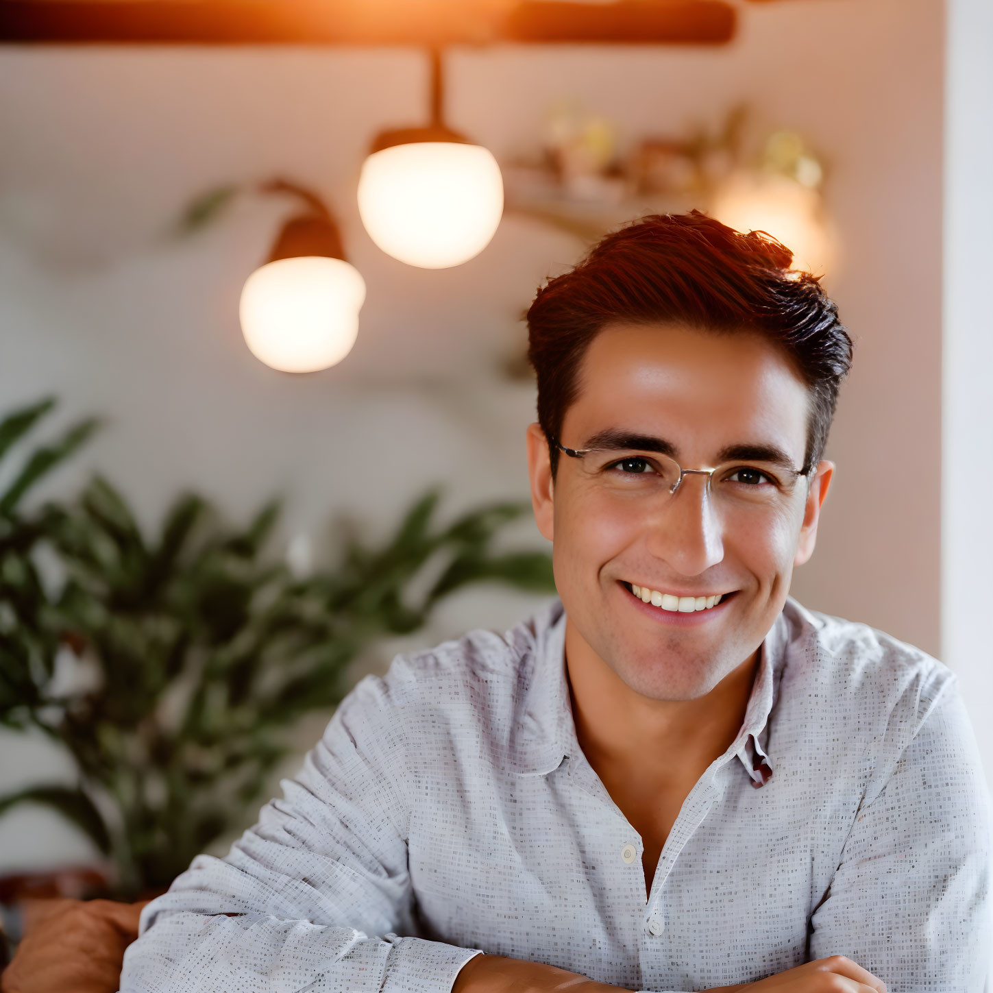 Smiling man in glasses indoors with plants and lights