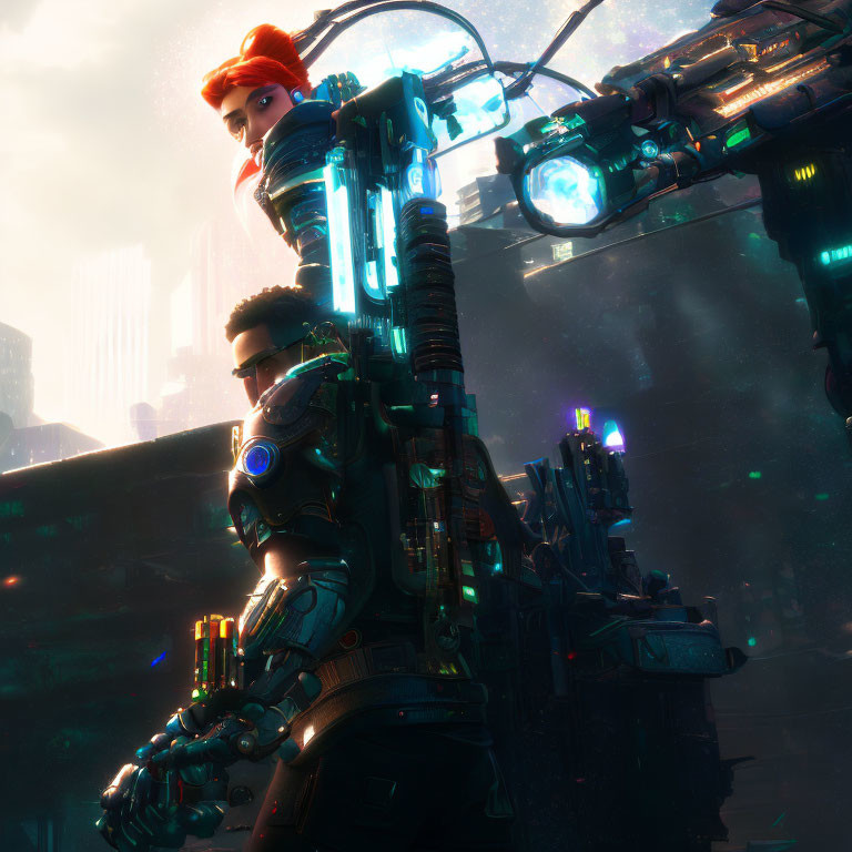 Futuristic scene: Two figures in high-tech armor in neon-lit city