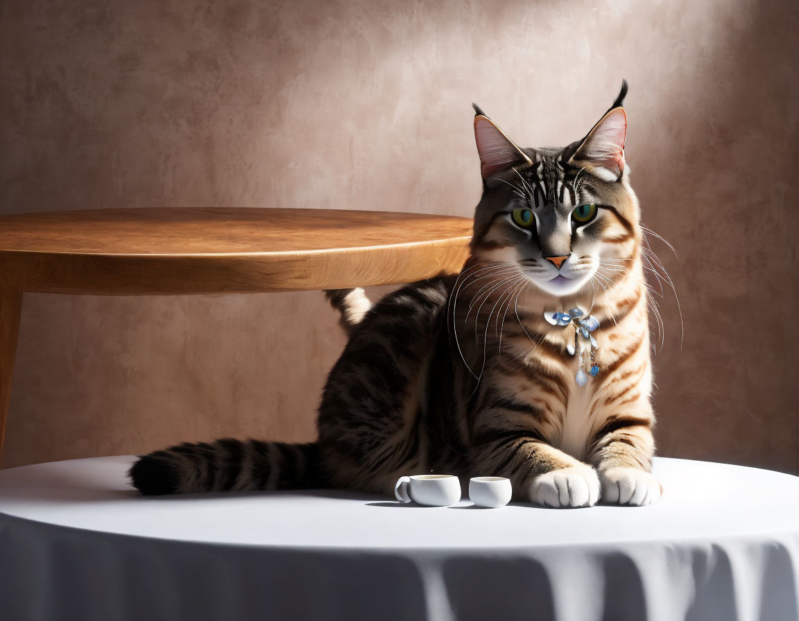 Tabby cat with green eyes wearing blue collar by wooden table