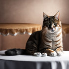 Tabby cat with green eyes wearing blue collar by wooden table