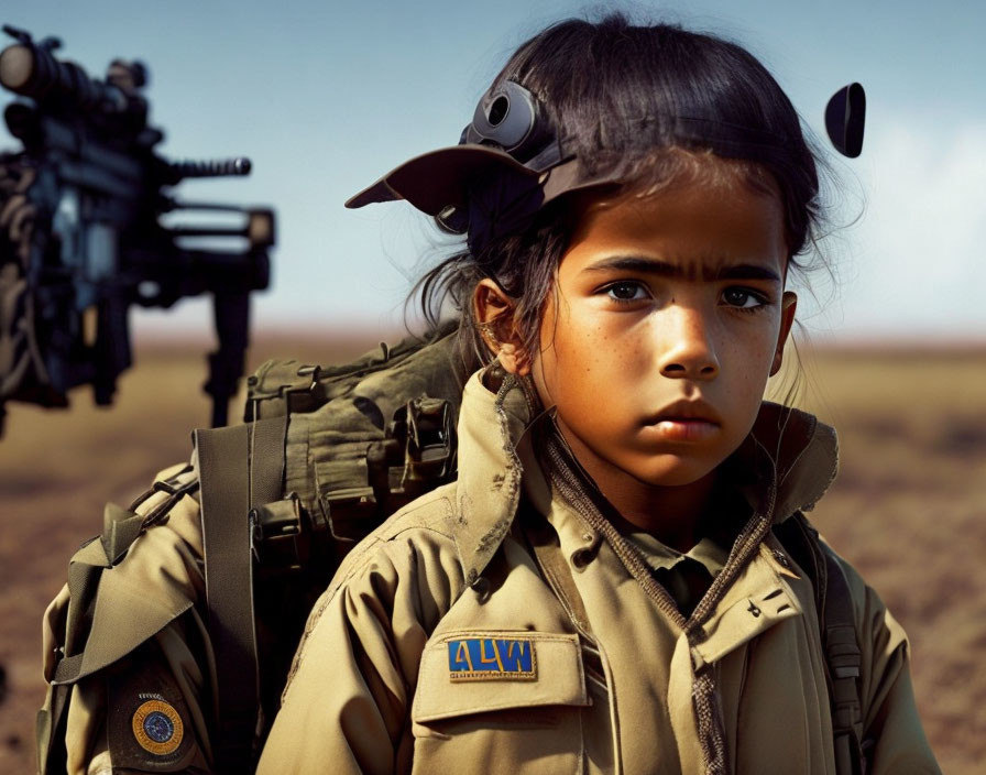 Young girl in military gear with focused expression in barren field.