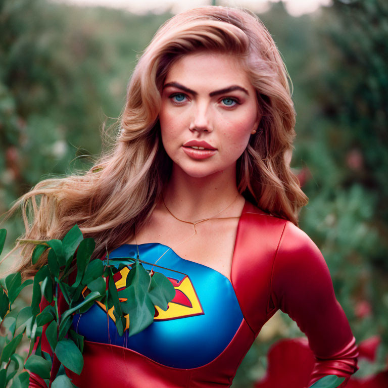 Blonde Woman in Red and Blue Superhero Costume Among Green Foliage