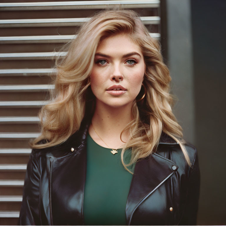 Blonde woman in black leather jacket and green top portrait