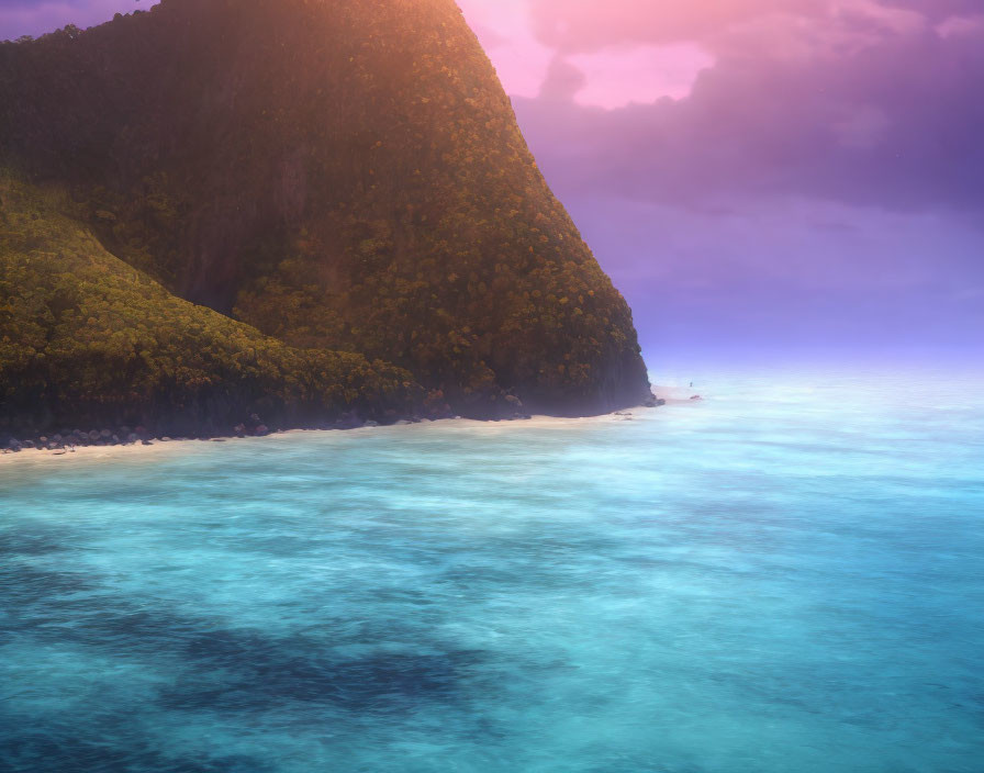 Tranquil seascape: Green cliff, turquoise waters, pink and blue sky