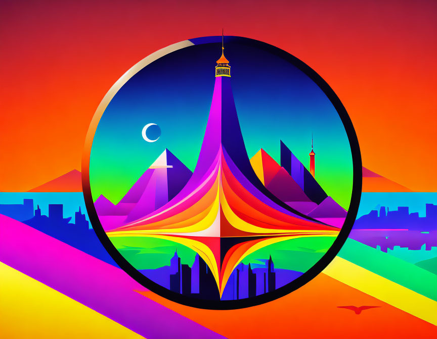 Colorful Artwork: Stylized City Skyline & Crescent Moon