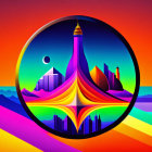 Colorful Artwork: Stylized City Skyline & Crescent Moon