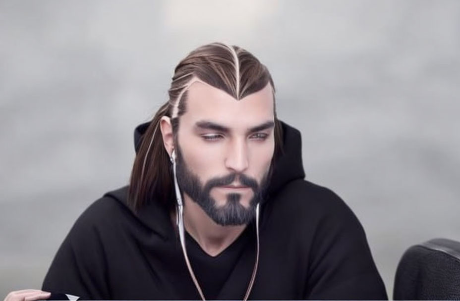 Bearded male character with braided hair in black hoodie and earphones
