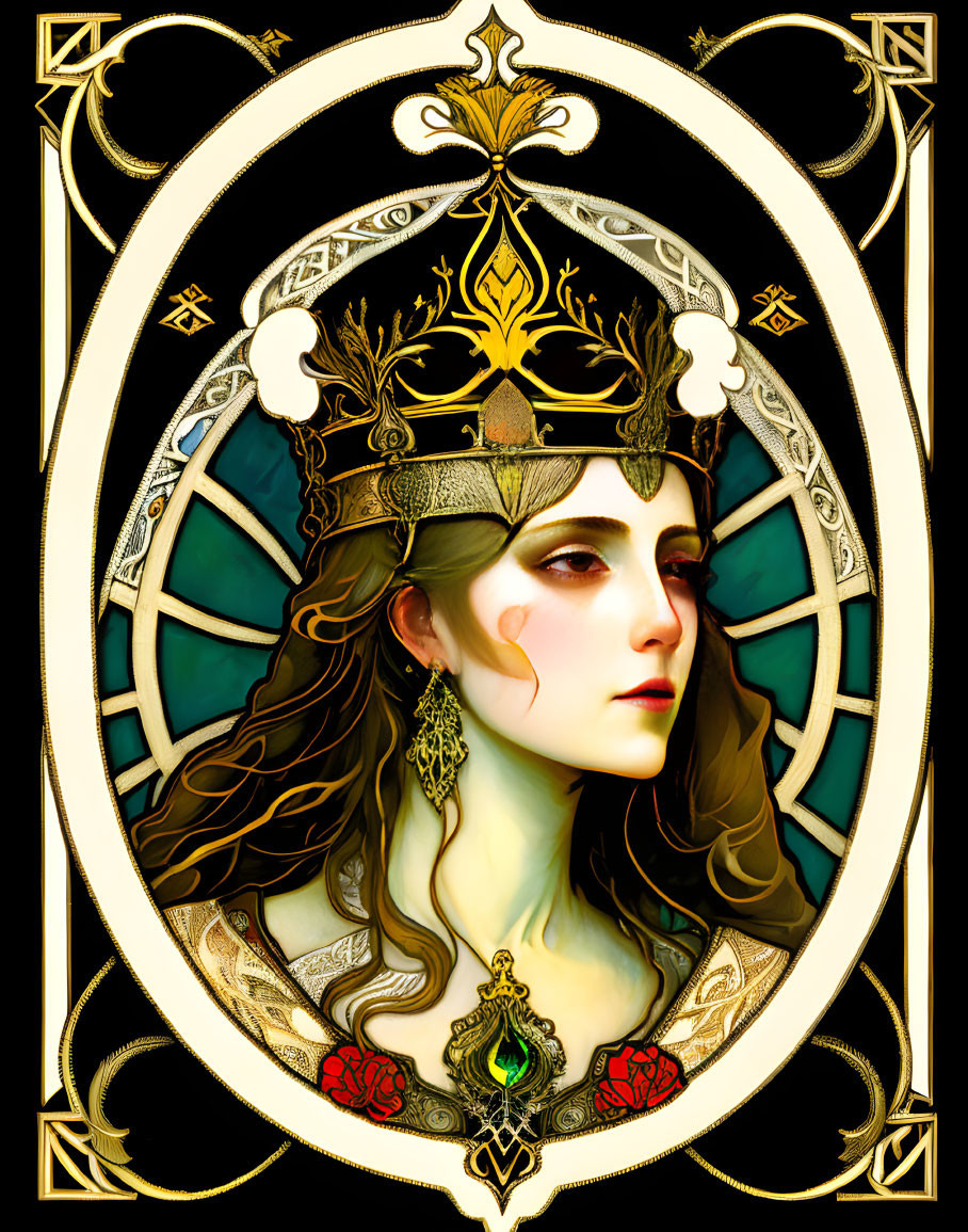 Illustrated portrait of woman with crown, jewelry, stained glass background, Art Nouveau borders