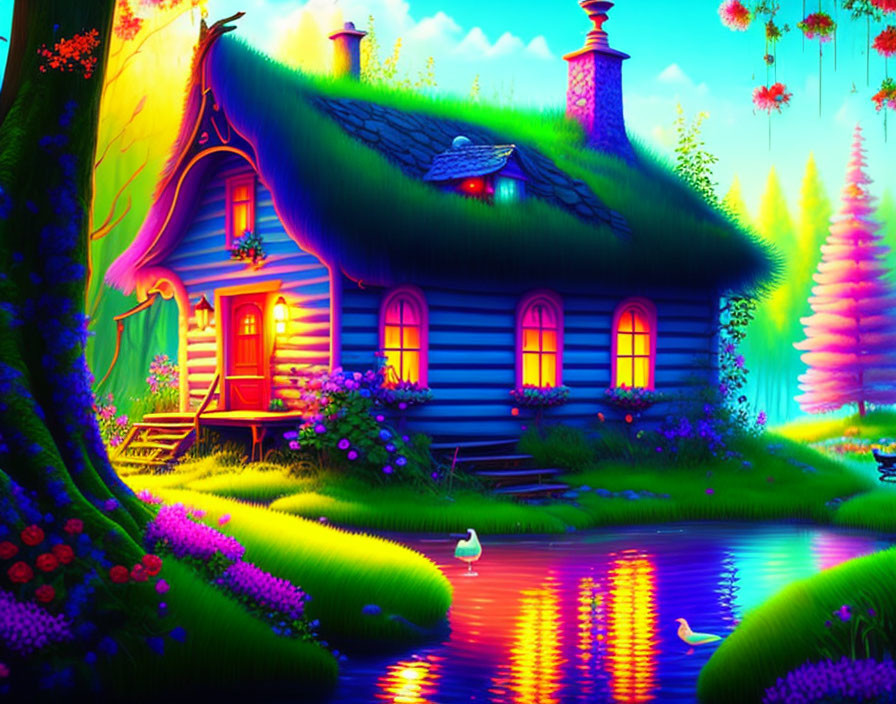 Colorful Thatched Roof Fantasy Cottage by Tranquil Pond