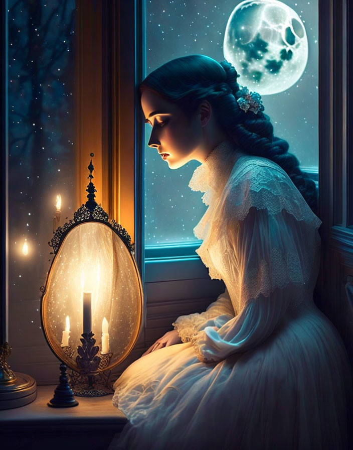 Woman in vintage white dress gazes at reflection by moonlit window.