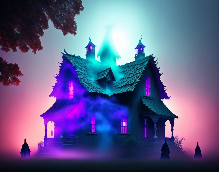 Eerie haunted house with blue and purple glow in misty twilight scene