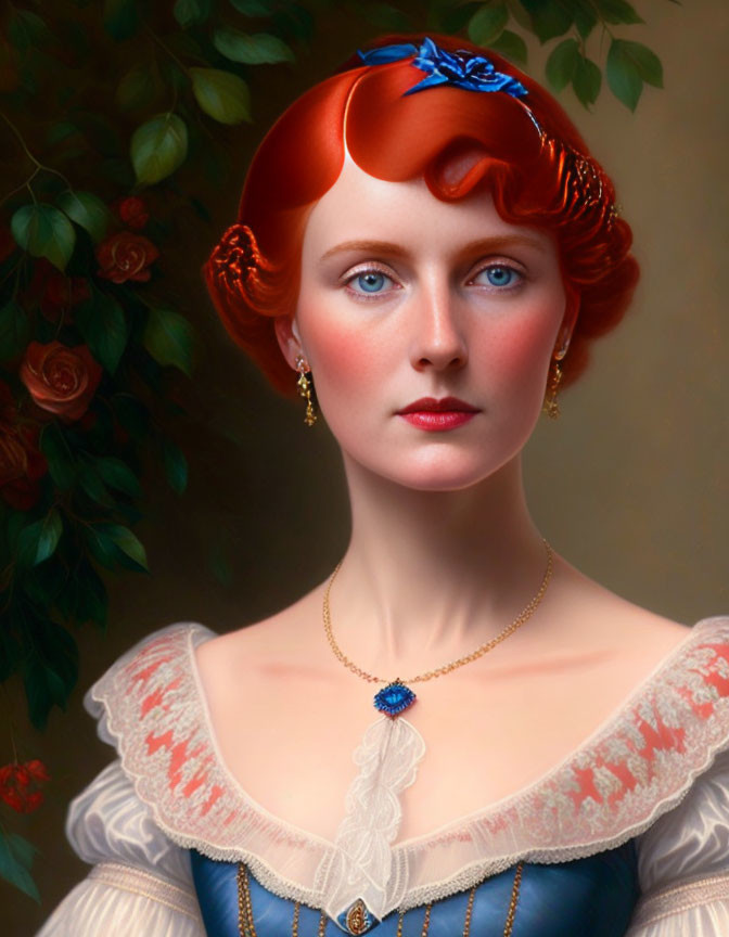 Portrait of woman with red hair, blue eyes, in white lace dress & blue gem necklace