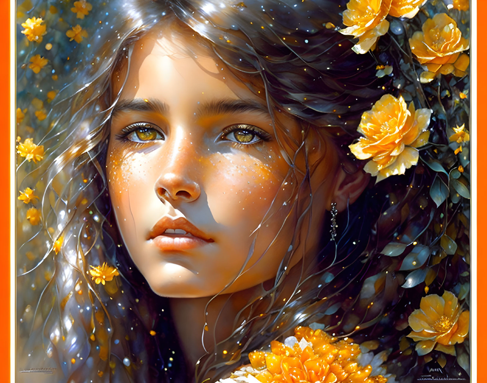 Young woman digital portrait with freckles and orange flowers.