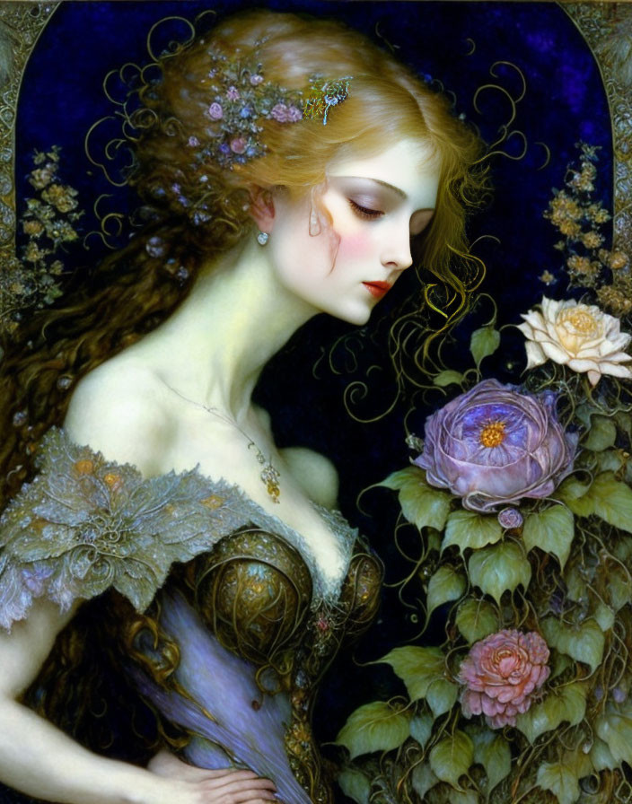 Fantasy portrait of woman with auburn hair and corset among roses