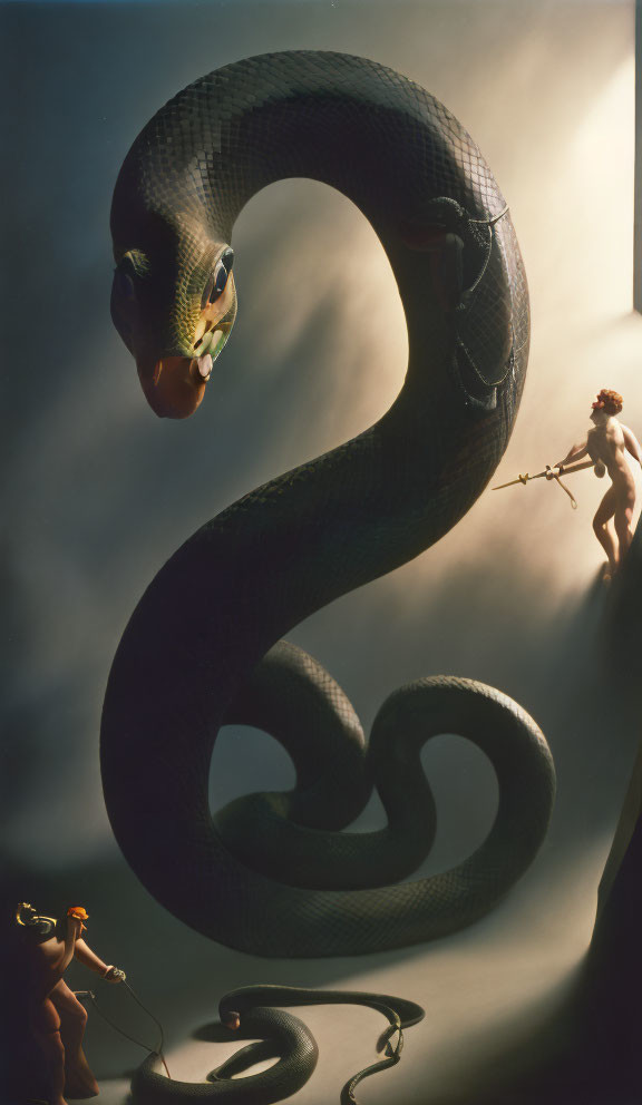 Gigantic anthropomorphic snake confronts small human figures in dramatic scene