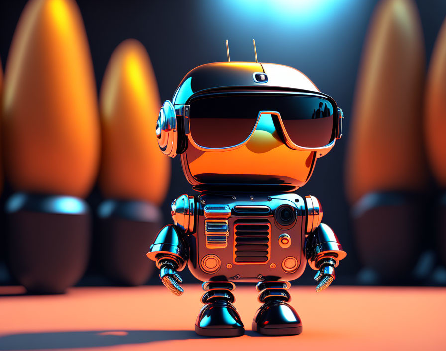 Stylized robot with glossy finish in oversized orange-tinted sunglasses