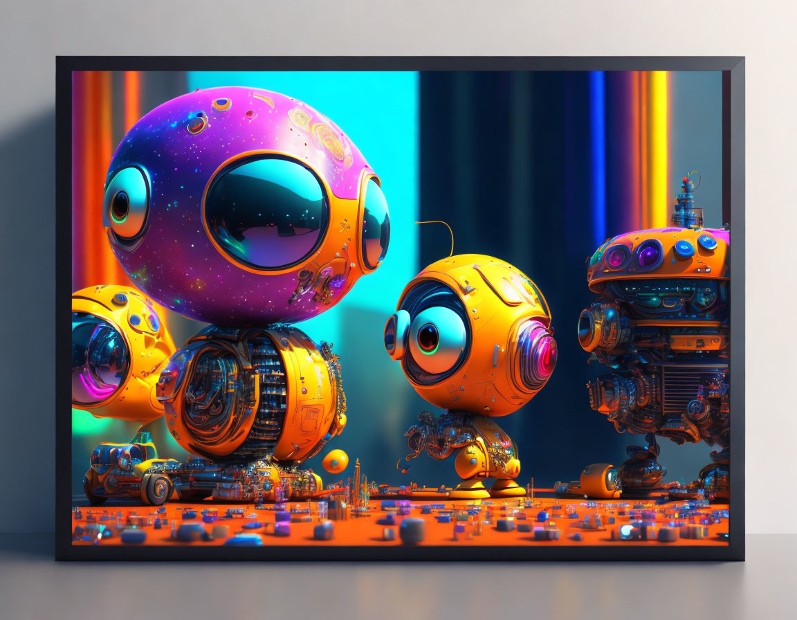 Colorful 3D spherical robot artwork in neon-lit room