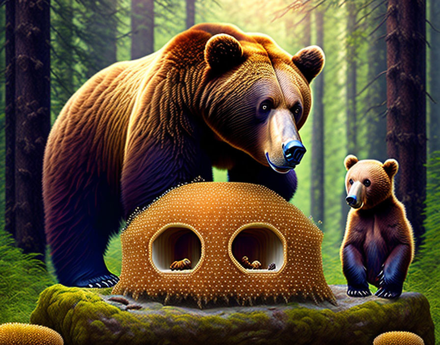 Bear and cub by honeycomb house in lush forest