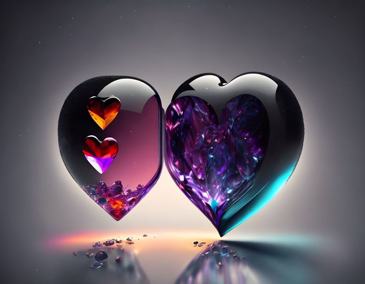 Heart-shaped cosmic nebula objects with smaller hearts on gradient background.