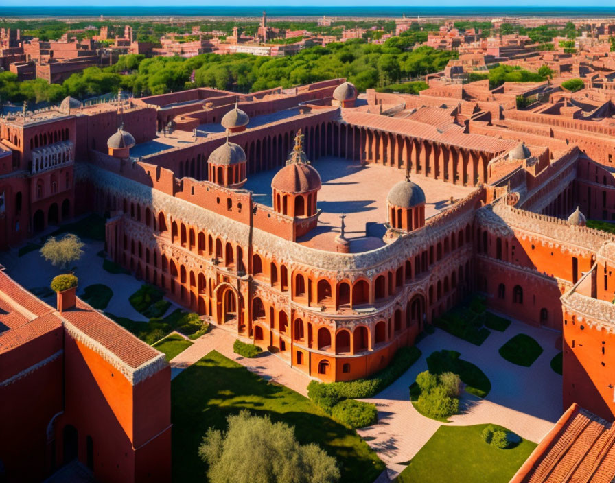 Red Sandstone Complex with Courtyards and Domes in Desert Oasis