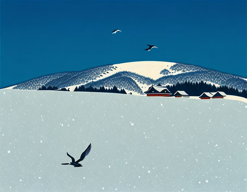 Snowy landscape with mountain backdrop and red-roofed houses under clear blue sky