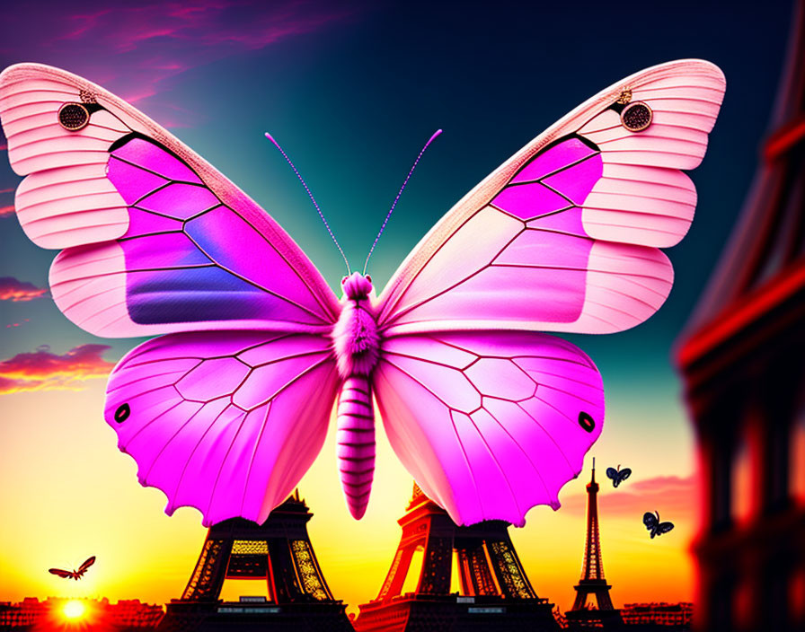 Digital Artwork: Giant Pink Butterfly Over Paris Skyline at Sunset