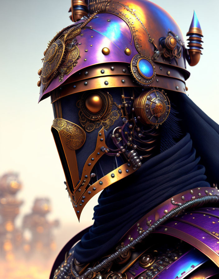 Steampunk knight helmet with gold filigree, blue gems, and purple tint on soft background