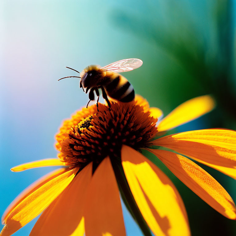 Bee on vibrant orange flower with soft blue background