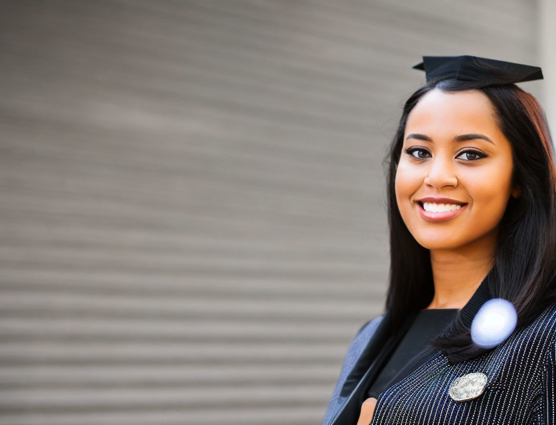 Smiling young woman in graduation cap and gown portrait