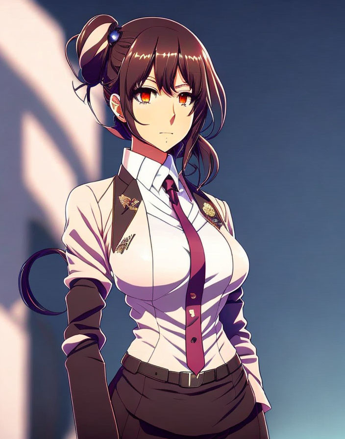 Anime-style female character with brown side ponytail, golden eyes, white uniform shirt, red tie.