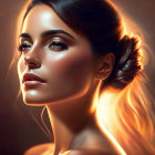 Side profile digital painting: luminous skin, dark hair tied back, soft glowing light