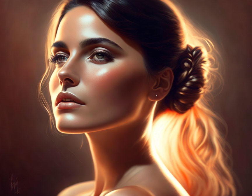 Side profile digital painting: luminous skin, dark hair tied back, soft glowing light